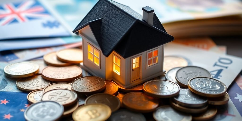 Australian coins and banknotes with a house.