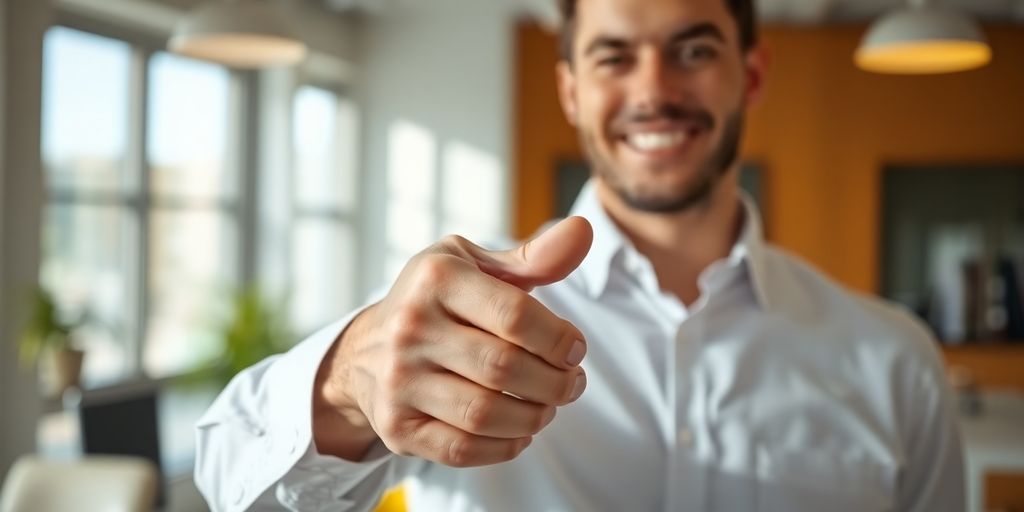 Smiling person shaking hands after interview.
