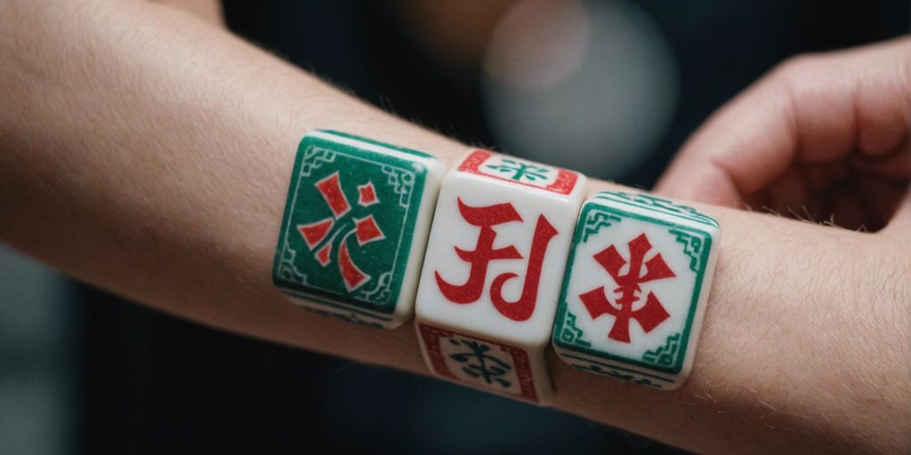 Close-up of a colorful mahjong tile tattoo on a forearm, symbolizing cultural heritage and personal meaning.