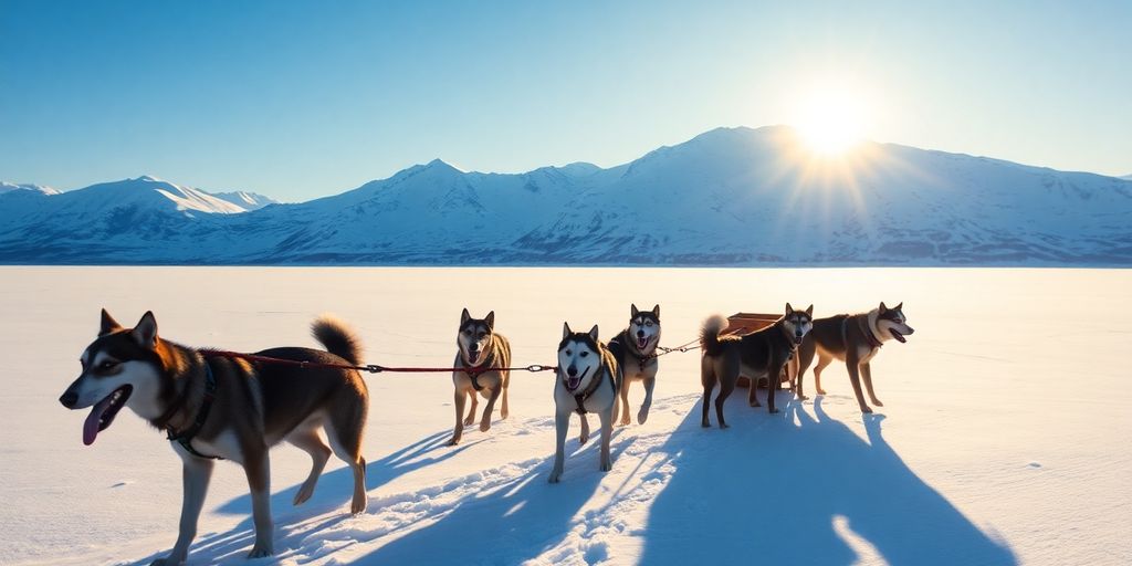 A team of huskies pulling a dogsled through snow.