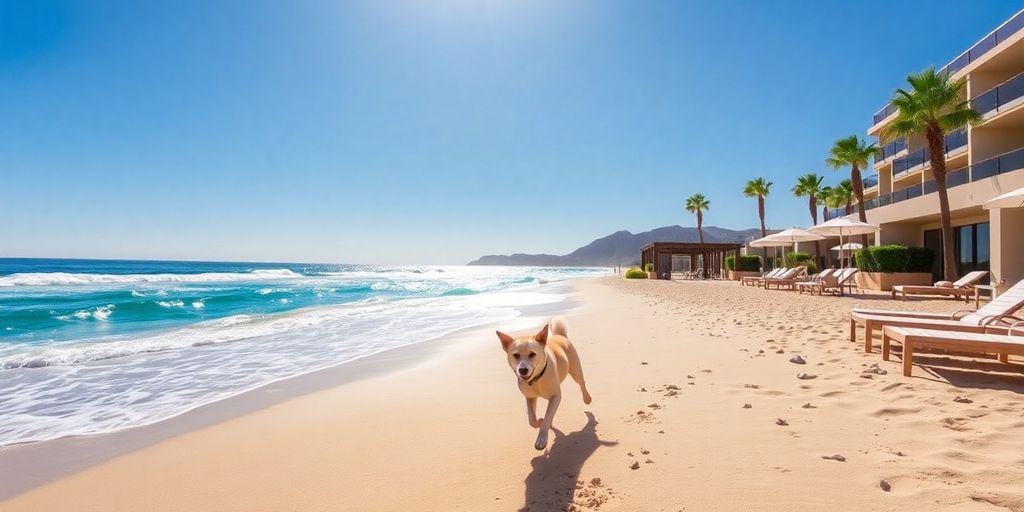 Playful dog at a pet-friendly hotel in Cabo San Lucas.