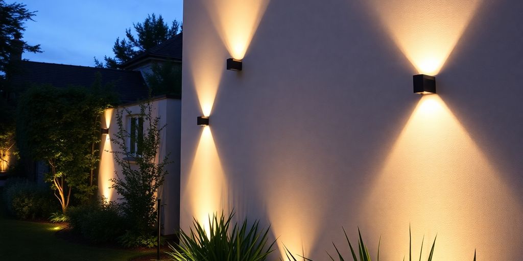 Stylish wall lights illuminating a serene garden at dusk.