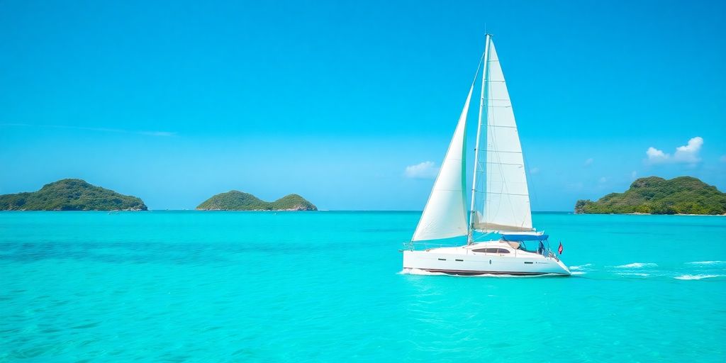 Sailboat gliding on turquoise Caribbean waters.