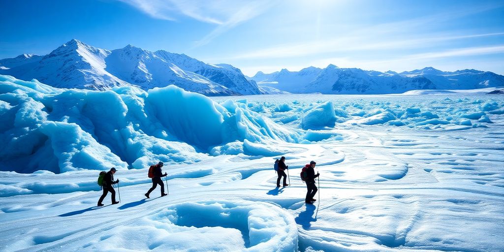 Hikers trekking across a vast blue glacier near mountains.