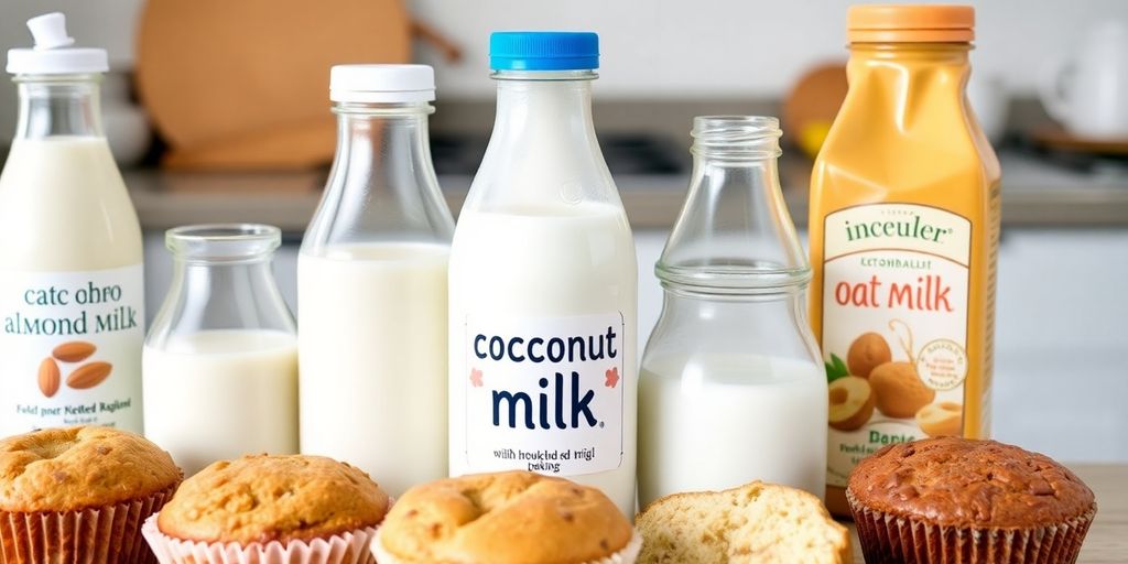 Variety of milk substitutes next to baked goods in kitchen.