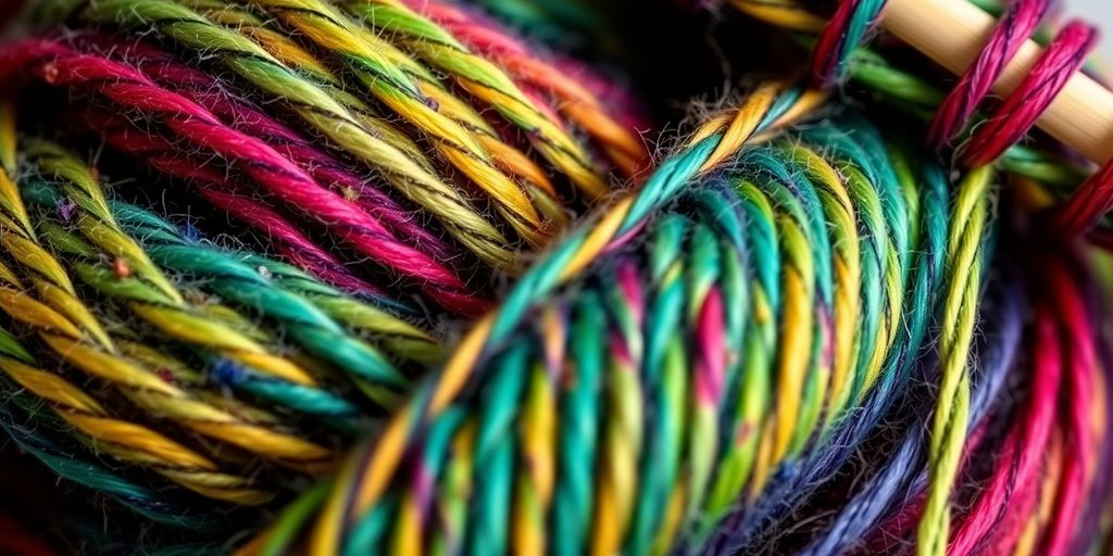 Colorful hand-dyed yarn skein, knitting needles.