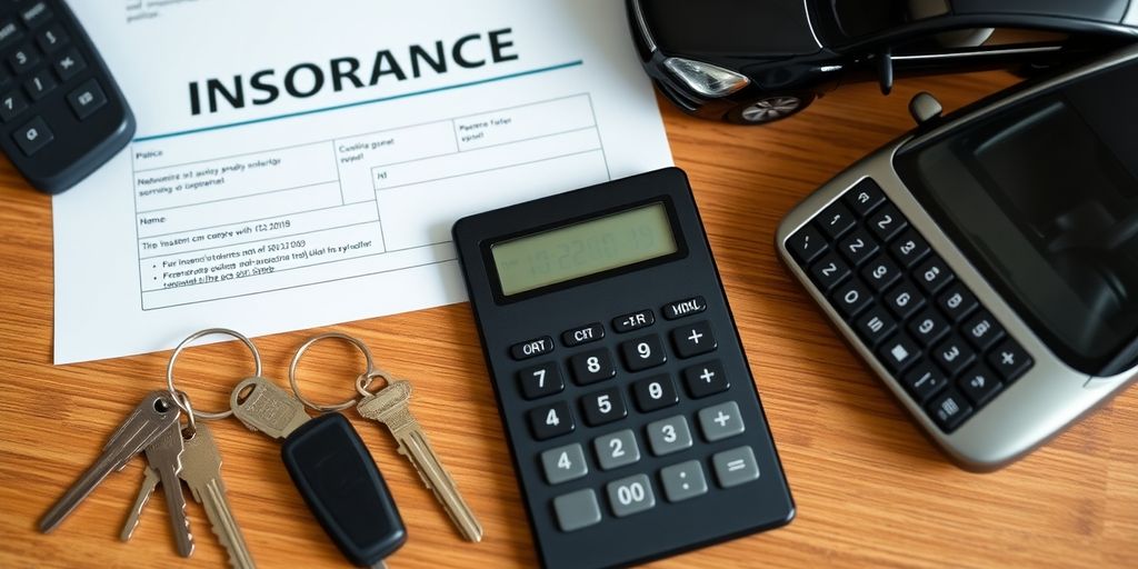Car insurance policy with calculator and keys on table.