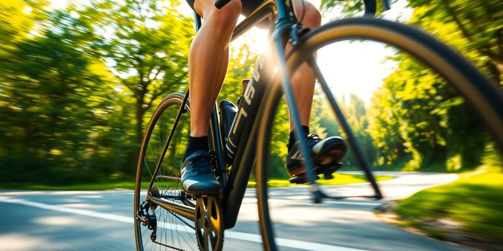 Cyclist in motion on a road.