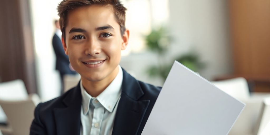 Young adult in professional attire, holding a resume