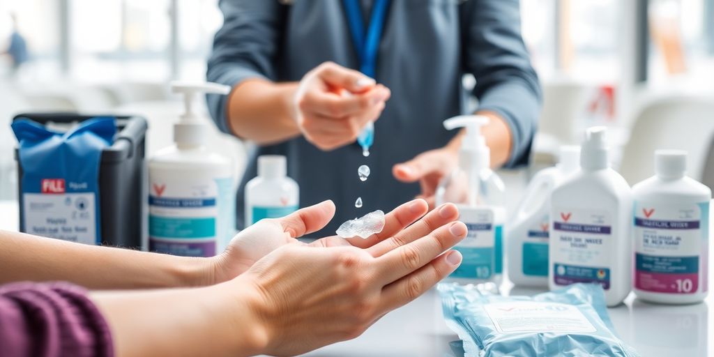 Mâini curate cu gel dezinfectant și produse igienizare.