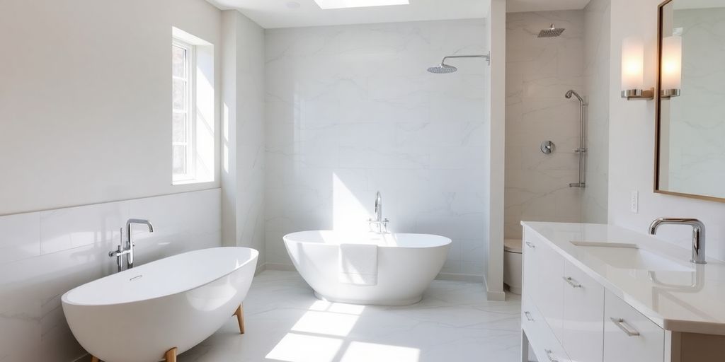 Luxury bathroom remodel with modern fixtures and tile.
