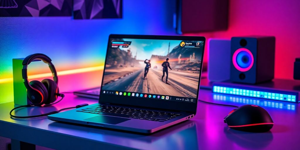 Budget Gaming-Laptop auf einem Schreibtisch mit Zubehör.