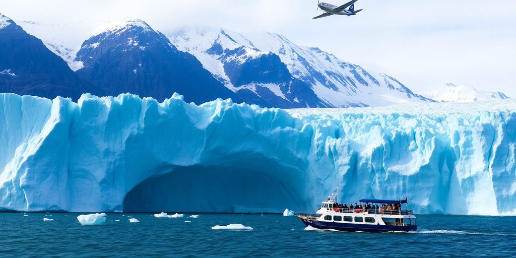 A small plane and boat near a massive Alaskan glacier.
