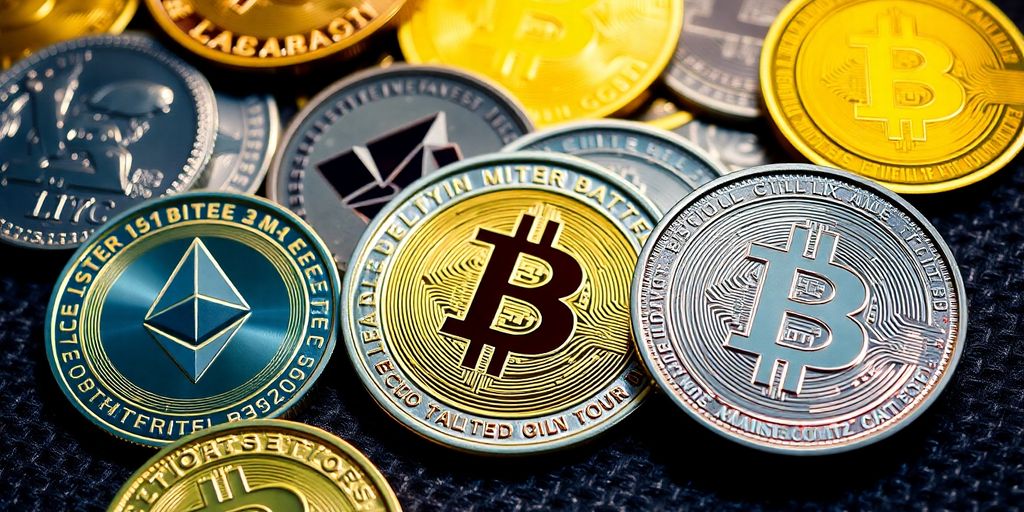 Photograph of assorted cryptocurrency coins on a surface.
