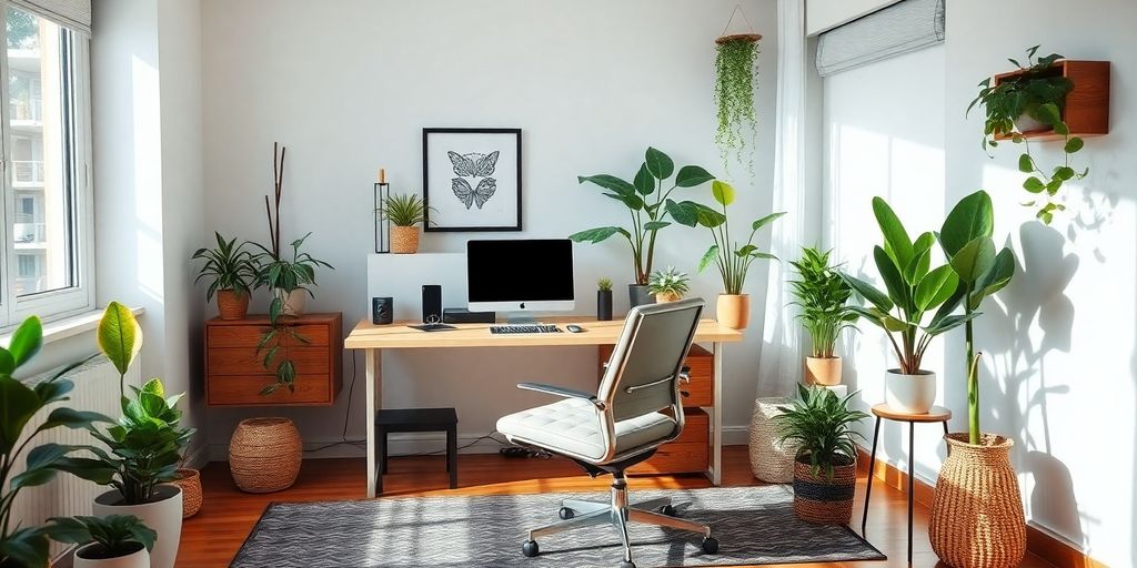Cozy home office with desk and plants for productivity.
