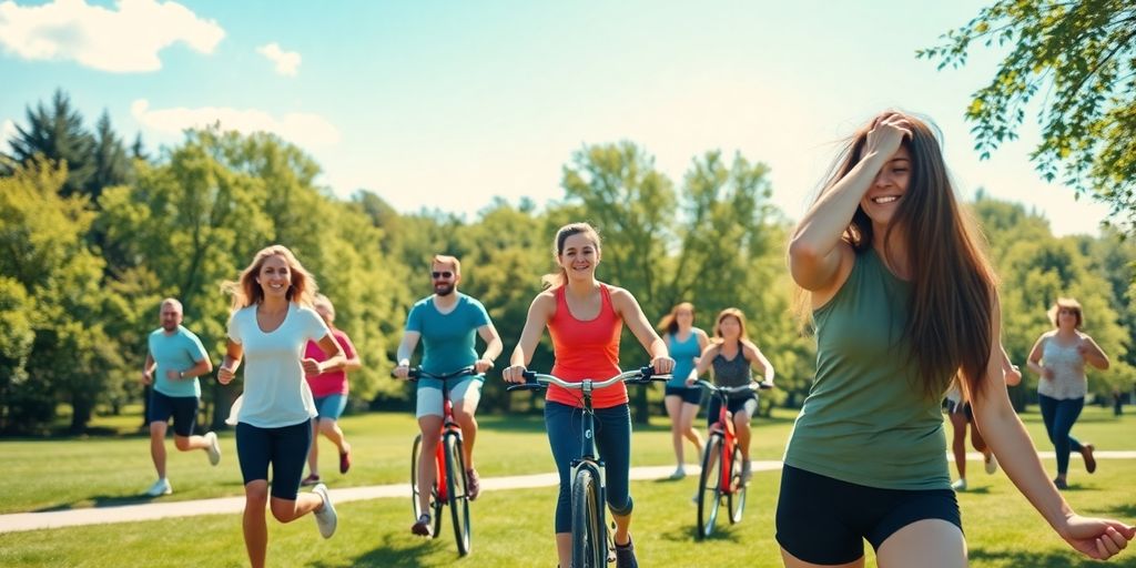 Group of diverse people exercising outdoors in a park.