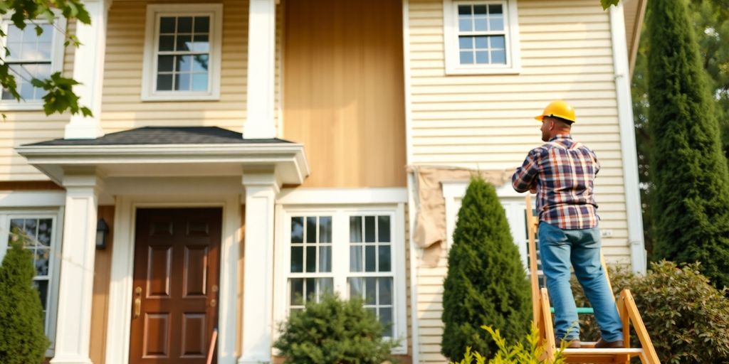 Home exterior with a contractor working.