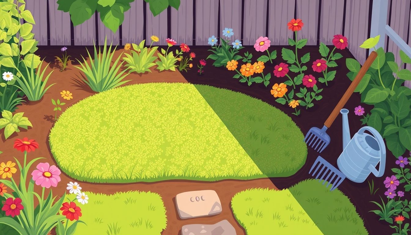 Illustrative garden with lawn, flowers, and garden tools.