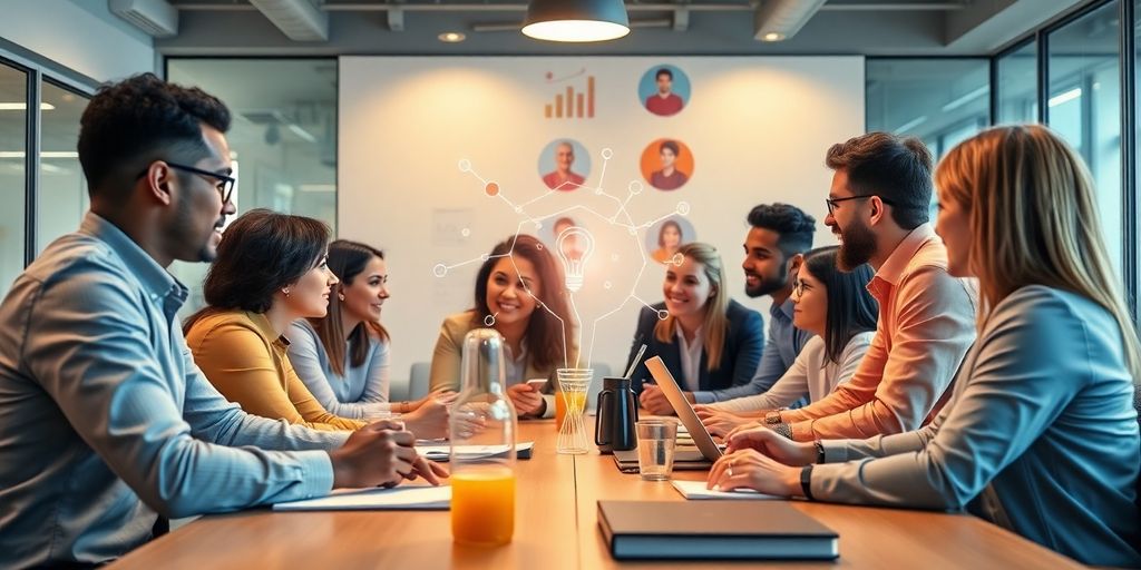 Business professionals brainstorming innovative ideas in a modern office.