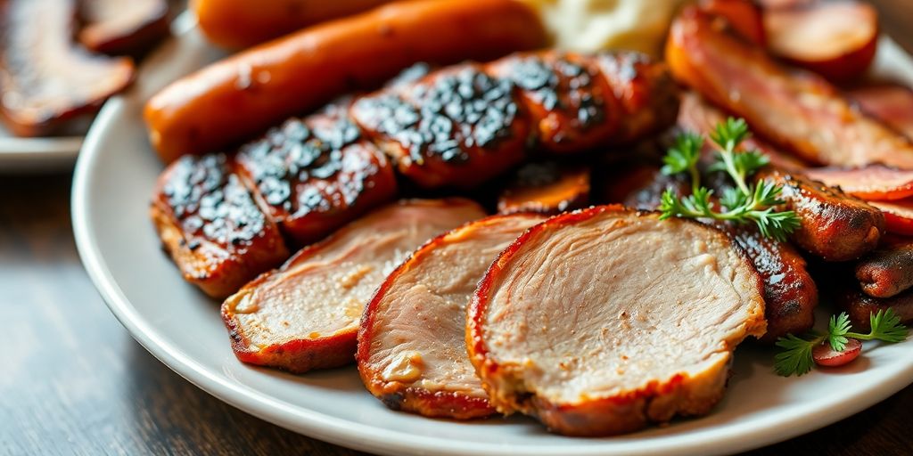Plate of various pork dishes including chops and sausages.
