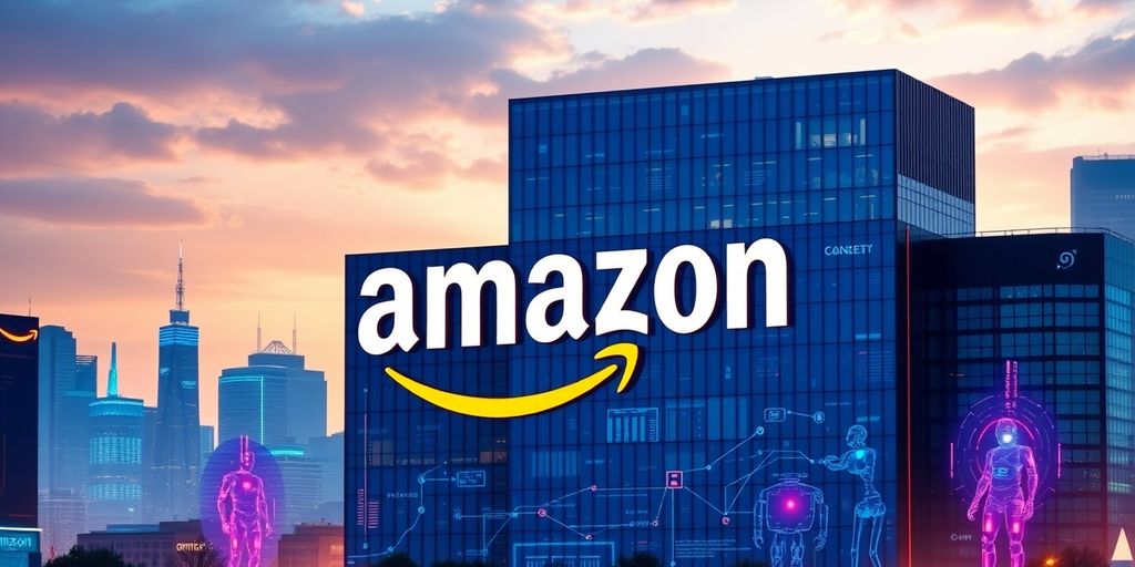 Amazon headquarters with futuristic AI technology elements.