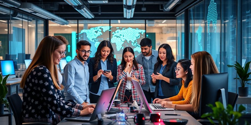 Diverse tech team collaborating in a modern office.