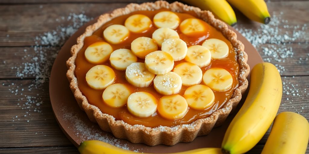 10 Receitas fáceis para o ano novo 2 Torta de banana com fatias de banana e caramelo.