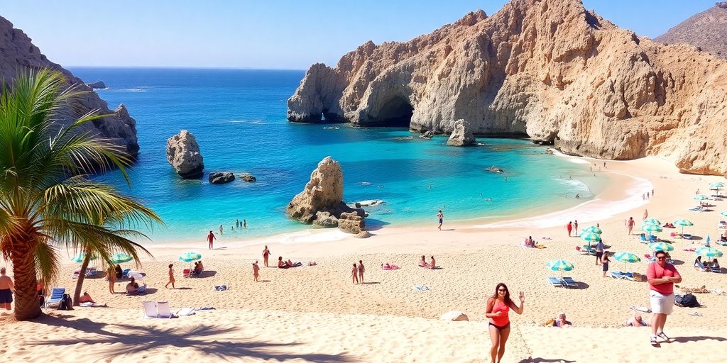 Scenic beach view in Los Cabos with palm trees.