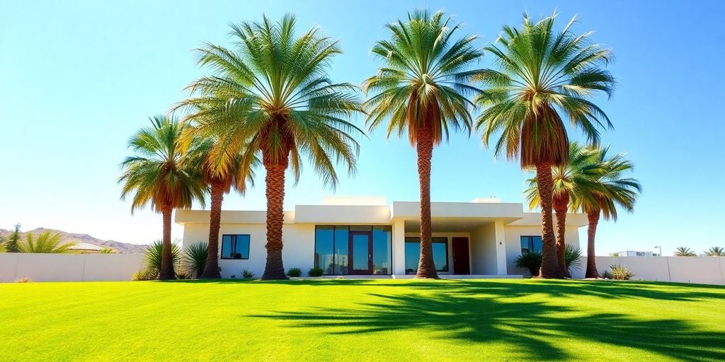 Desert palm trees by modern dream home.