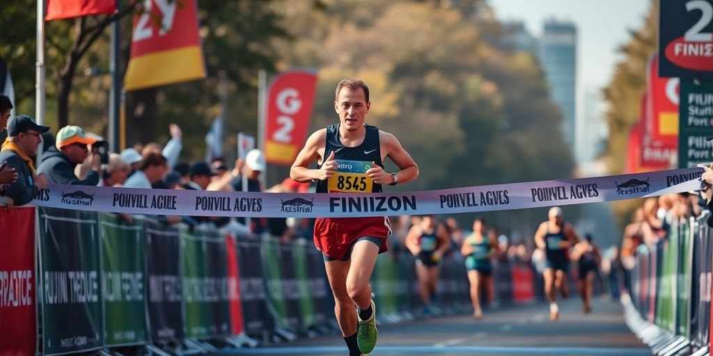 Marathon runner finishing race with cheering crowd.