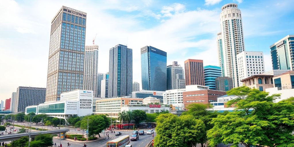 Bangkok skyline with commercial buildings and busy streets.