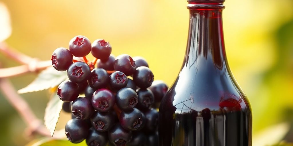 Elderberry syrup bottle and fresh elderberries.