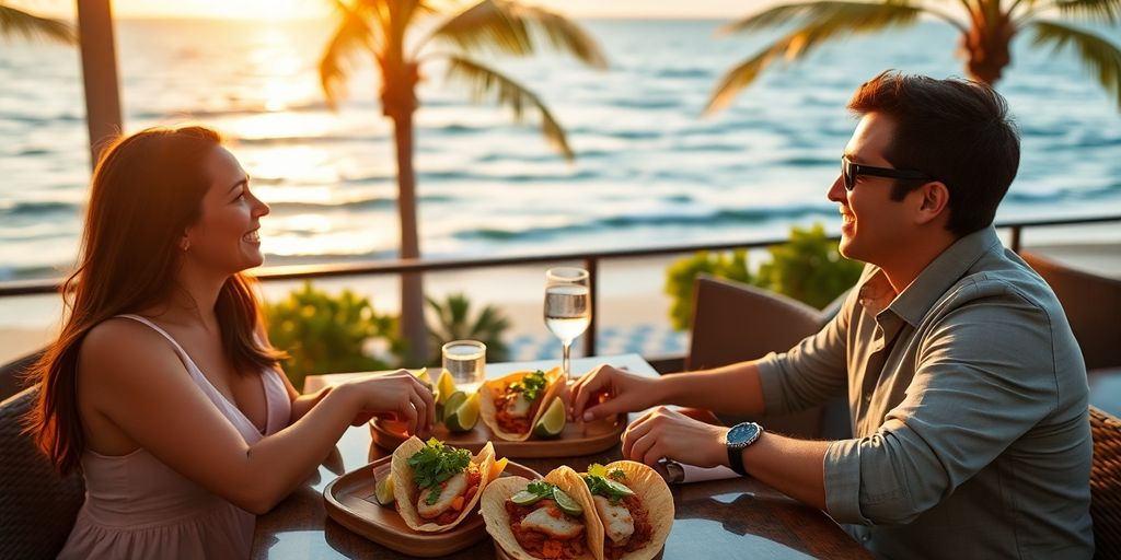 Couple sharing tacos at a luxurious Cabo beach resort.