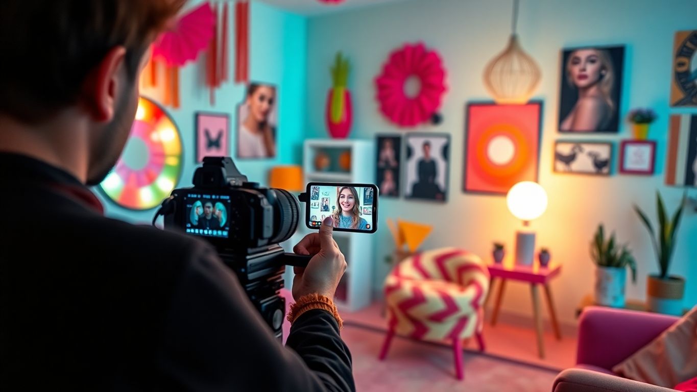TikTok creator filming video in colorful room.