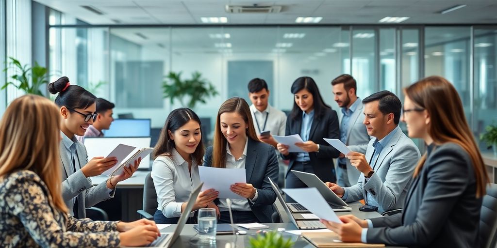 Diverse professionals collaborating in an international office setting.