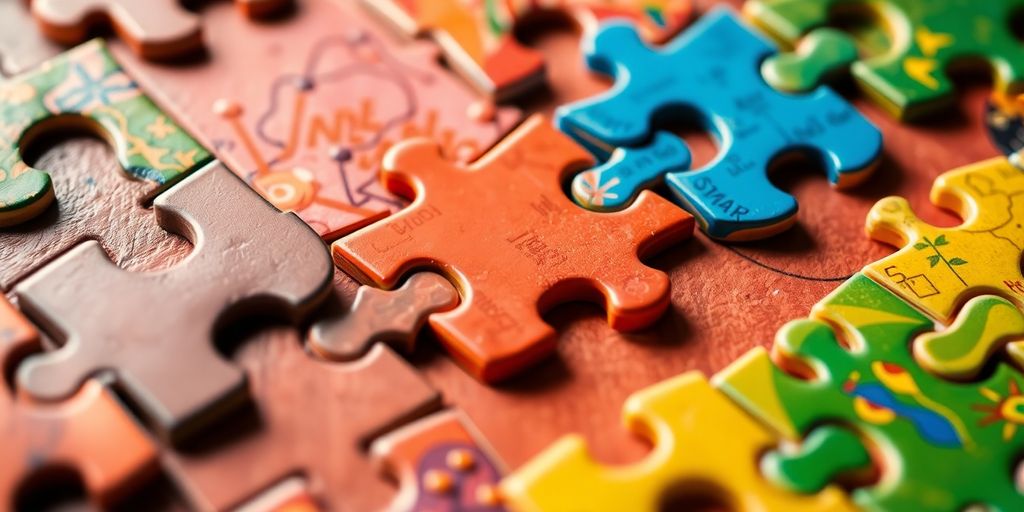 Colorful puzzle pieces interlocked, symbolizing connections and themes.