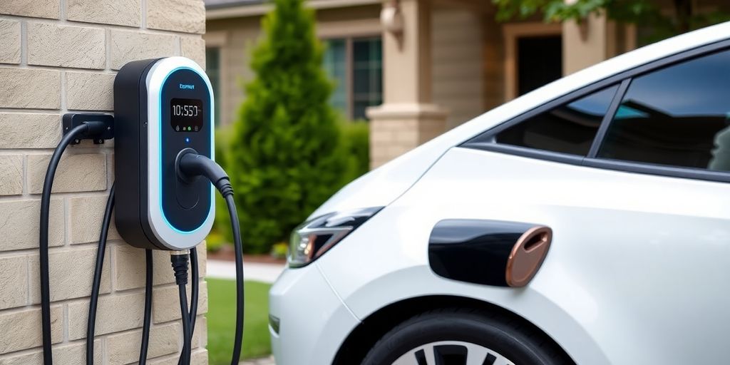 Electric vehicle charging station at a residential home.