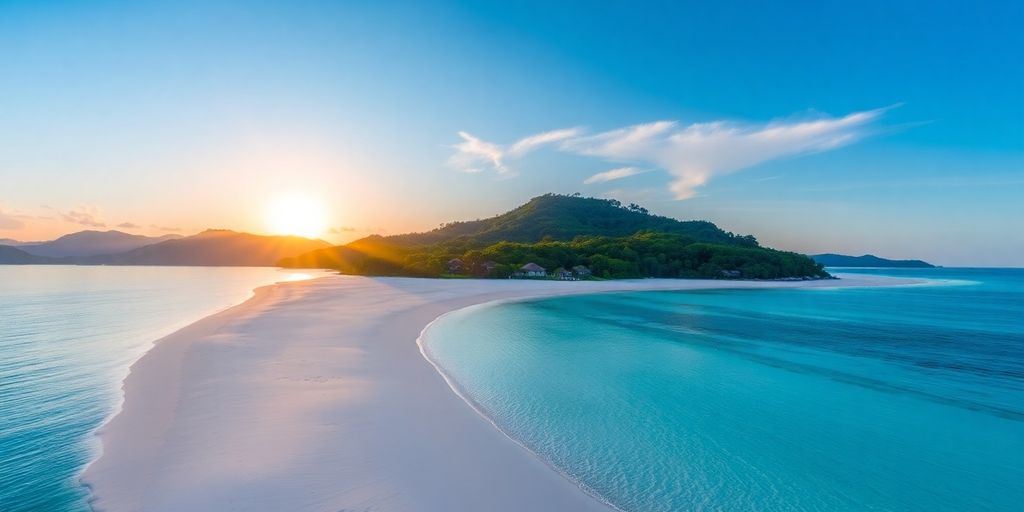 A beautiful Thai island with sandy beach and palm trees.