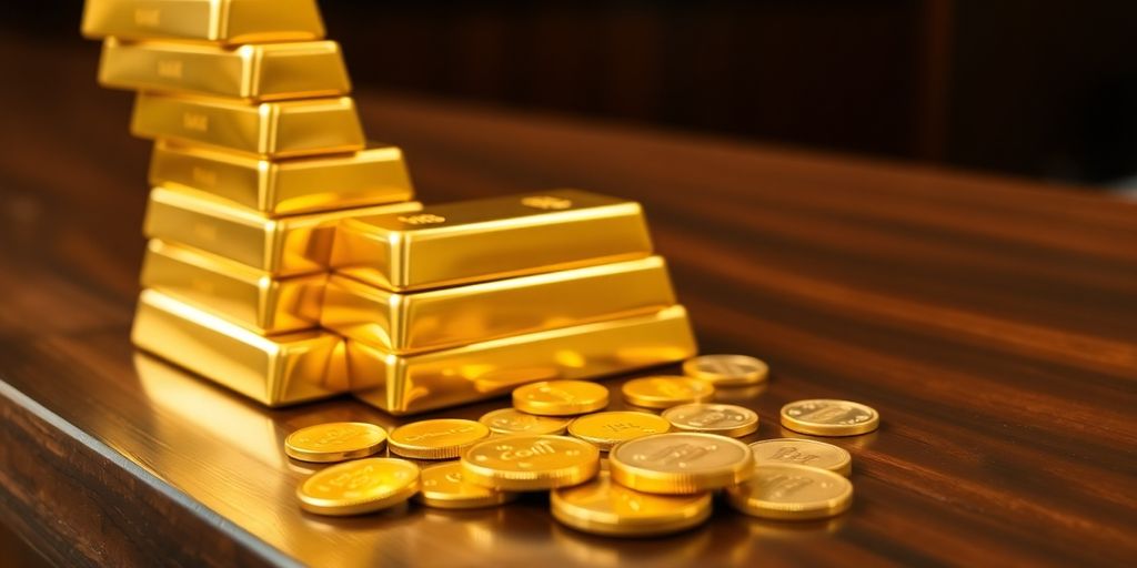 Lingots d'or et pièces sur un comptoir de banque