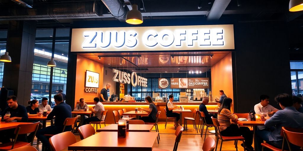 Zus Coffee shop interior with customers enjoying drinks.