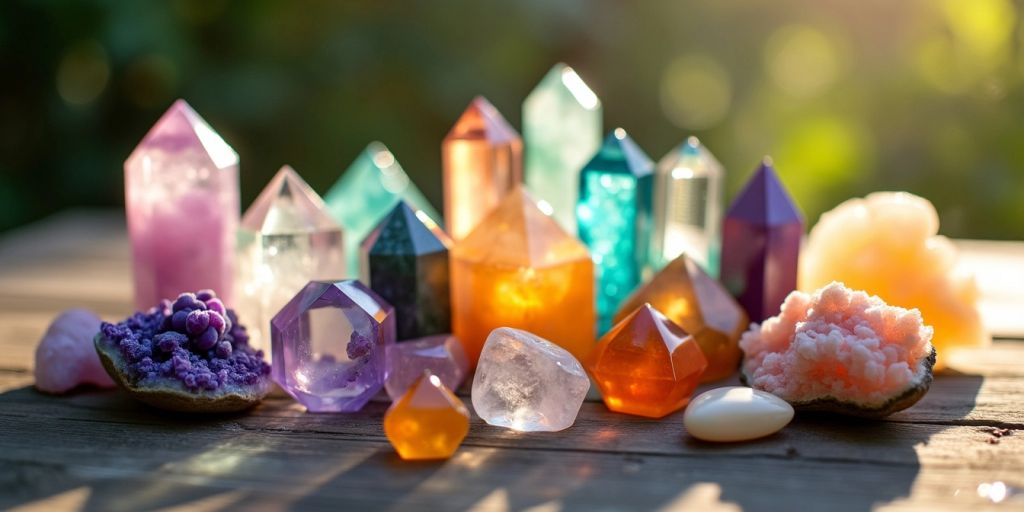 Cristalli colorati su un tavolo di legno