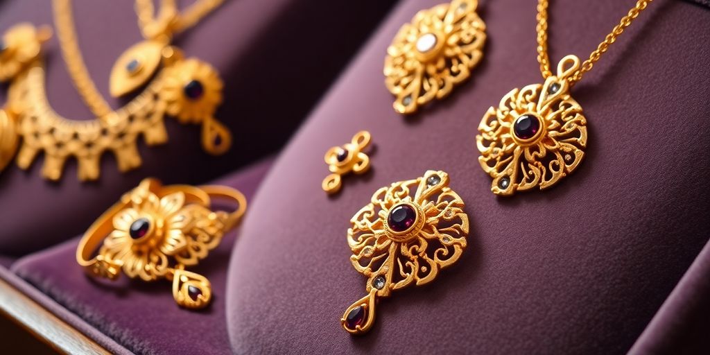 Bijoux en or élégants sur un présentoir en velours.