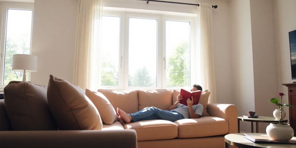 Cozy living room, person relaxing on couch.