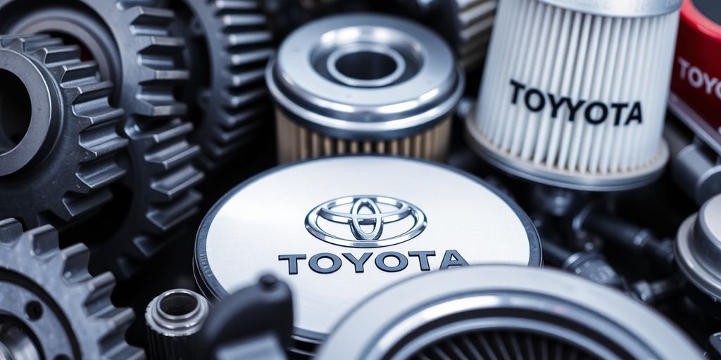 Close-up of shiny Toyota car parts arranged neatly.