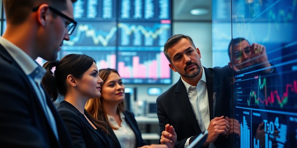 Business professionals examining digital data.