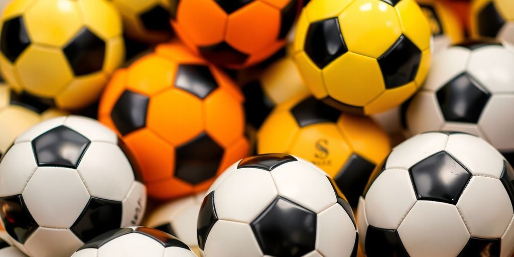 ลูกบอลฟุตบอลหลายลูกวางเรียงกัน.