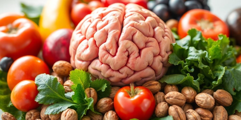 دماغ ساطع وخضروات وفاكهة متعددة الألوان