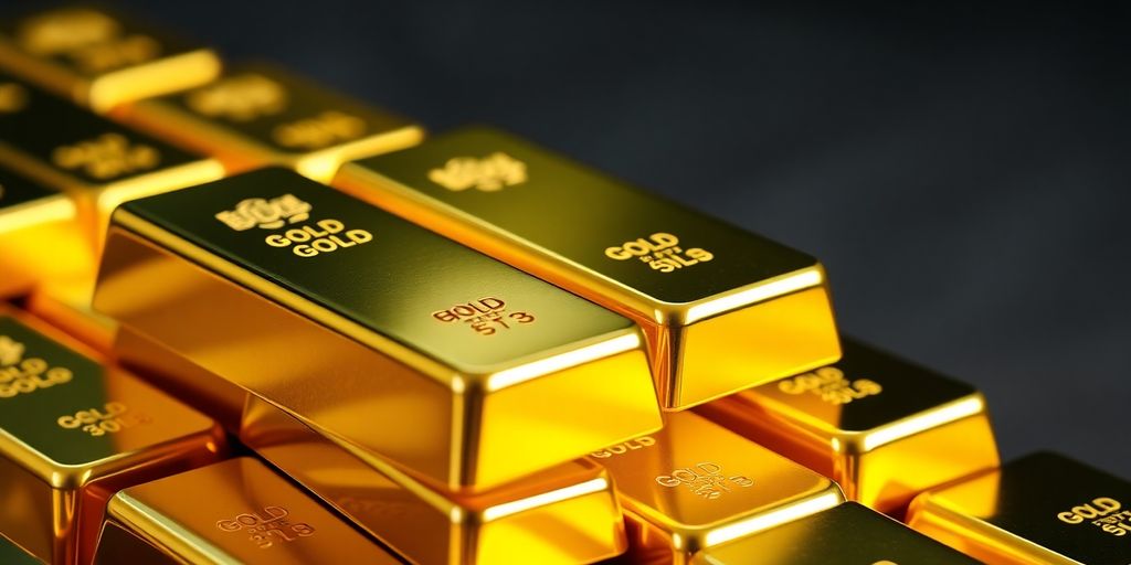 Barres d'or empilées sur un fond flou.