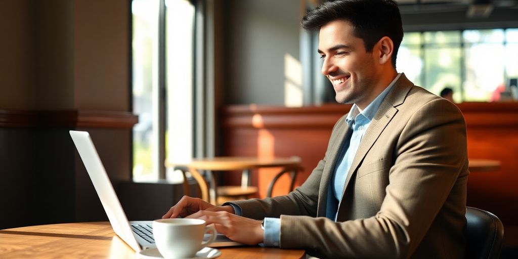 Person smiling, working on laptop in a cafe.