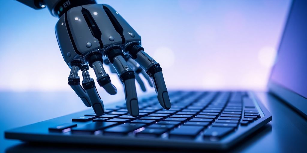 Robot hand writing on keyboard.